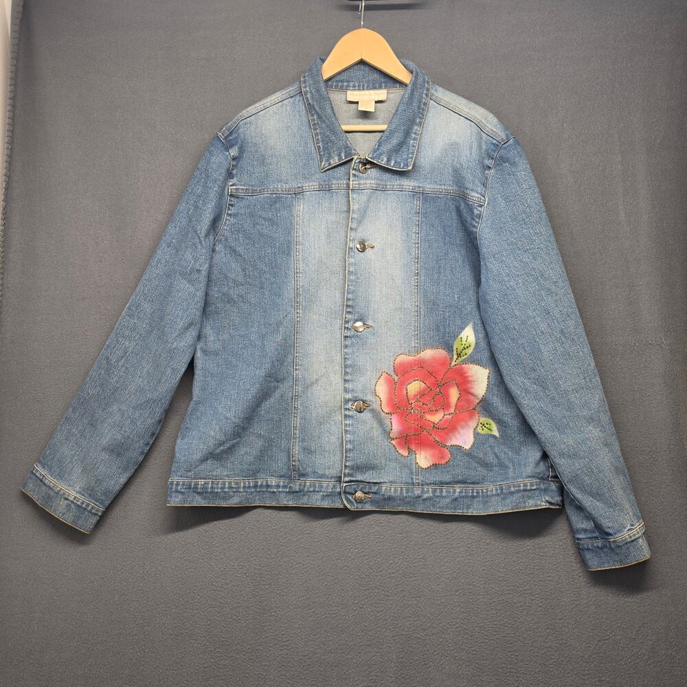 Monroe & Main Denim Jean Jacket Womens 1X Floral Painted Beaded Rose Artsy